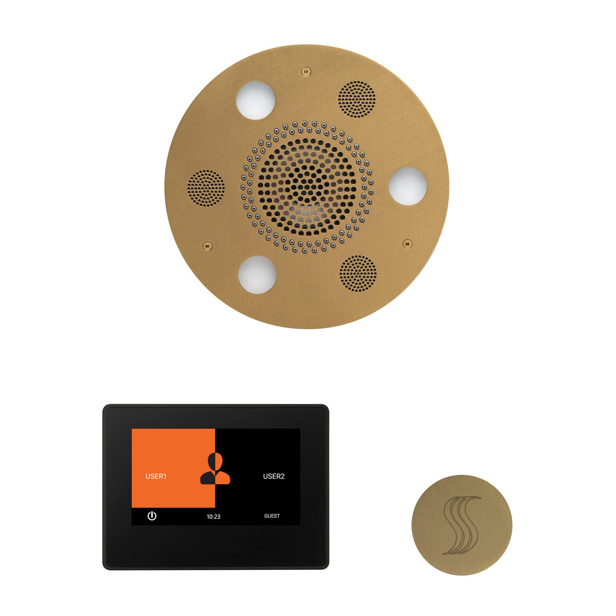 ThermaSol The Wellness Steam Package with 7" ThermaTouch Round-Steam Shower Controls & Accessories-ThermaSol-Satin Brass-Nordica Sauna