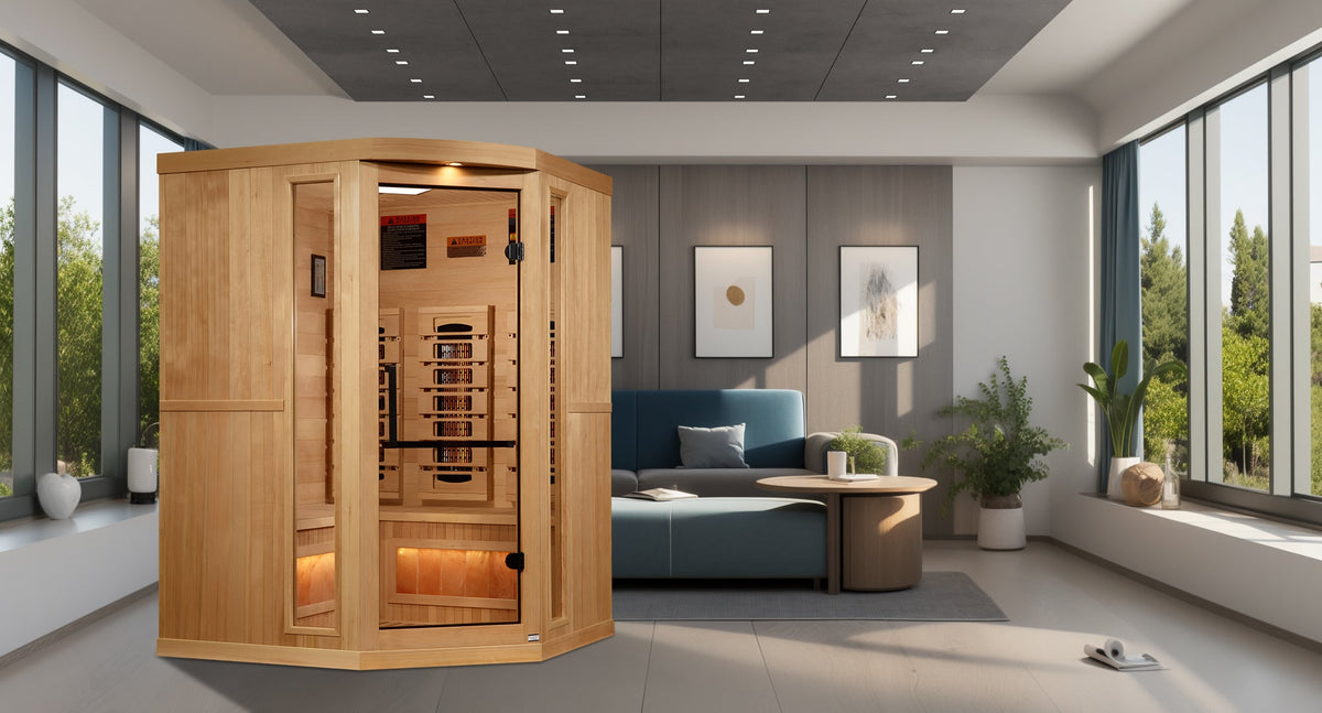 Golden Designs 2025 Reserve Edition 3-Person Full Spectrum PureTech™ Near Zero EMF FAR Infrared Sauna with Himalayan Salt Bar (Corner Unit)-Sauna-Golden Designs-Nordica Sauna