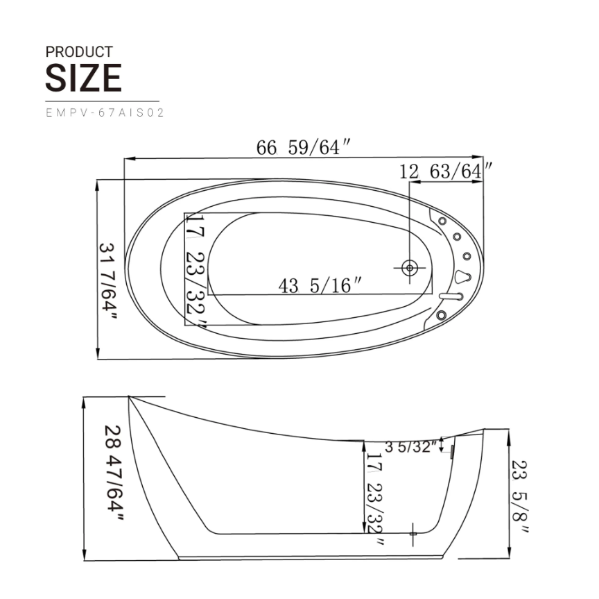 Empava 67 in. Whirlpool Freestanding Acrylic Bathtub | EMPV-67AIS02-Feestanding massage bathtub-Empava-Nordica Sauna