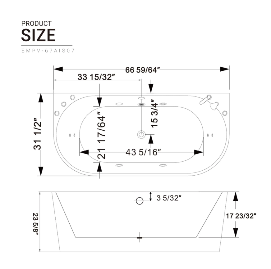 Empava 67 in. Whirlpool Freestanding Acrylic Bathtub | EMPV-67AIS07-Feestanding massage bathtub-Empava-Nordica Sauna