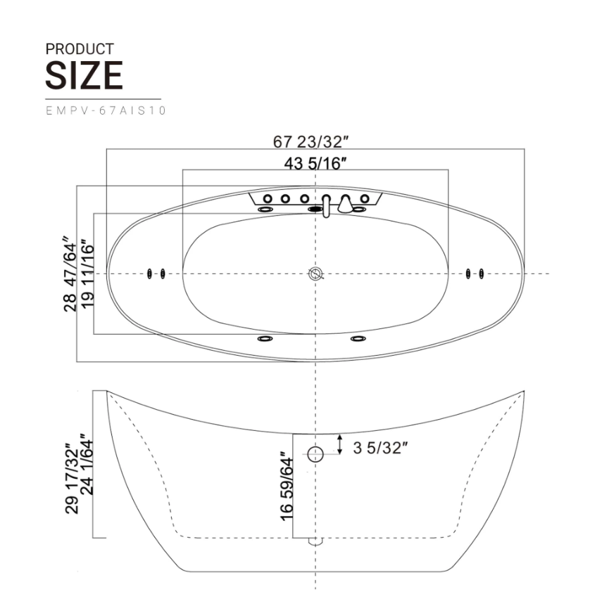 Empava 67 in. Whirlpool Freestanding Acrylic Bathtub | EMPV-67AIS10-Feestanding massage bathtub-Empava-Nordica Sauna