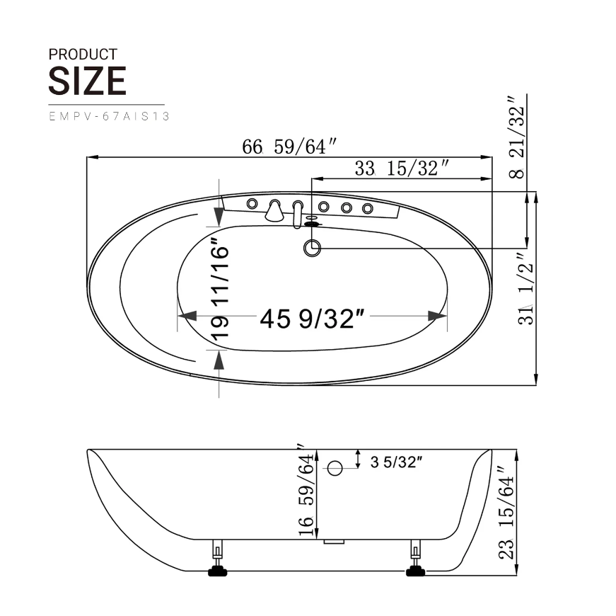 Empava 67 in. Whirlpool Freestanding Acrylic Bathtub | EMPV-67AIS13-Feestanding massage bathtub-Empava-Nordica Sauna