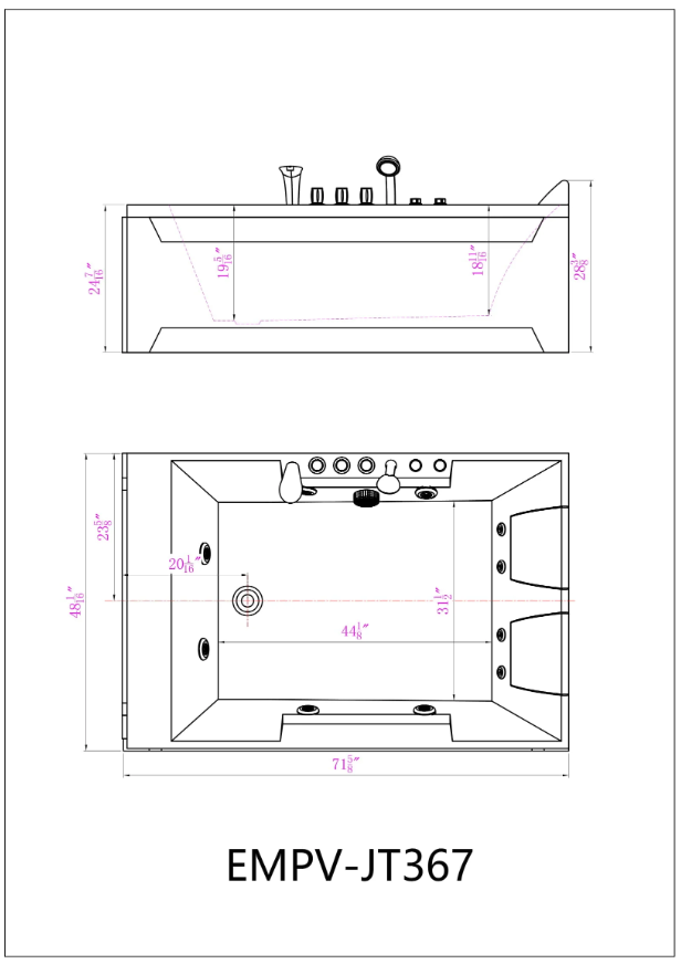 Empava 72 in. Whirlpool Rectangular Bathtub | EMPV-72JT367LED-massage bathtub-Empava-Nordica Sauna
