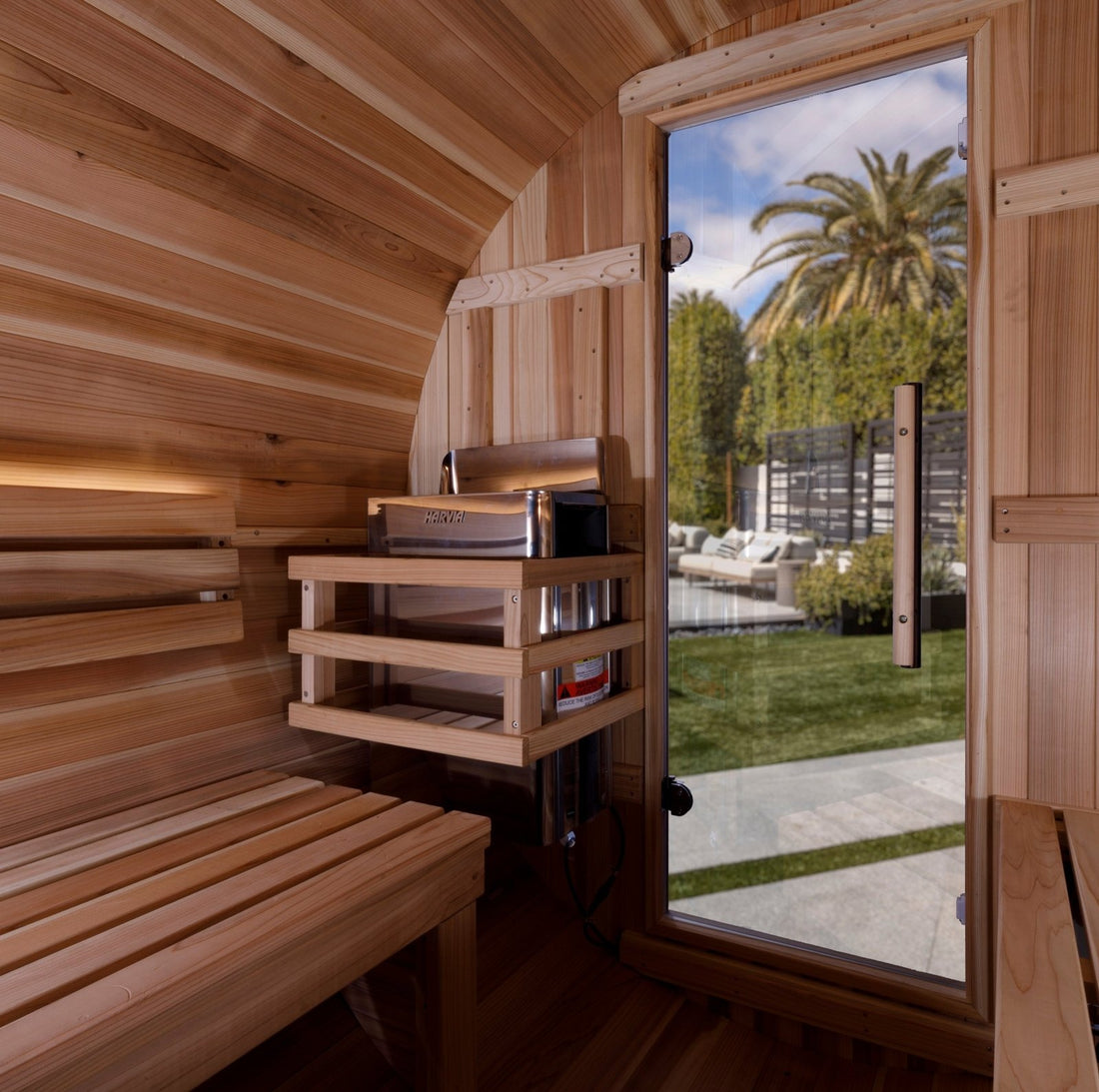 Golden Designs Zurich 4-Person Outdoor Barrel Traditional Sauna with Bronze Privacy View in Pacific Cedar Wood-Sauna-Golden Designs-Nordica Sauna