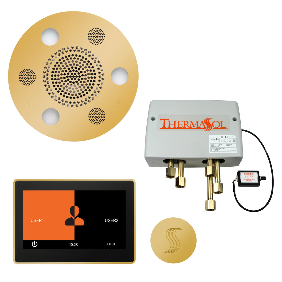 ThermaSol The Total Wellness Package with 10" ThermaTouch Trim Upgraded Round-Steam Shower Controls & Accessories-ThermaSol-Polished Gold-Nordica Sauna