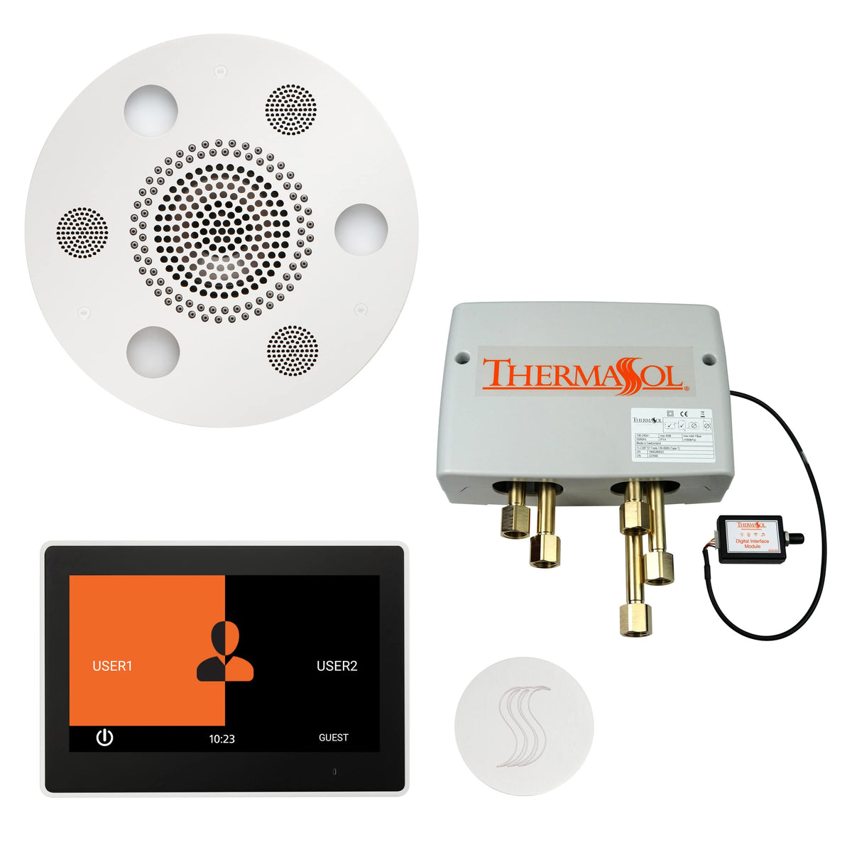 ThermaSol The Total Wellness Package with 10" ThermaTouch Trim Upgraded Round-Steam Shower Controls & Accessories-ThermaSol-White-Nordica Sauna