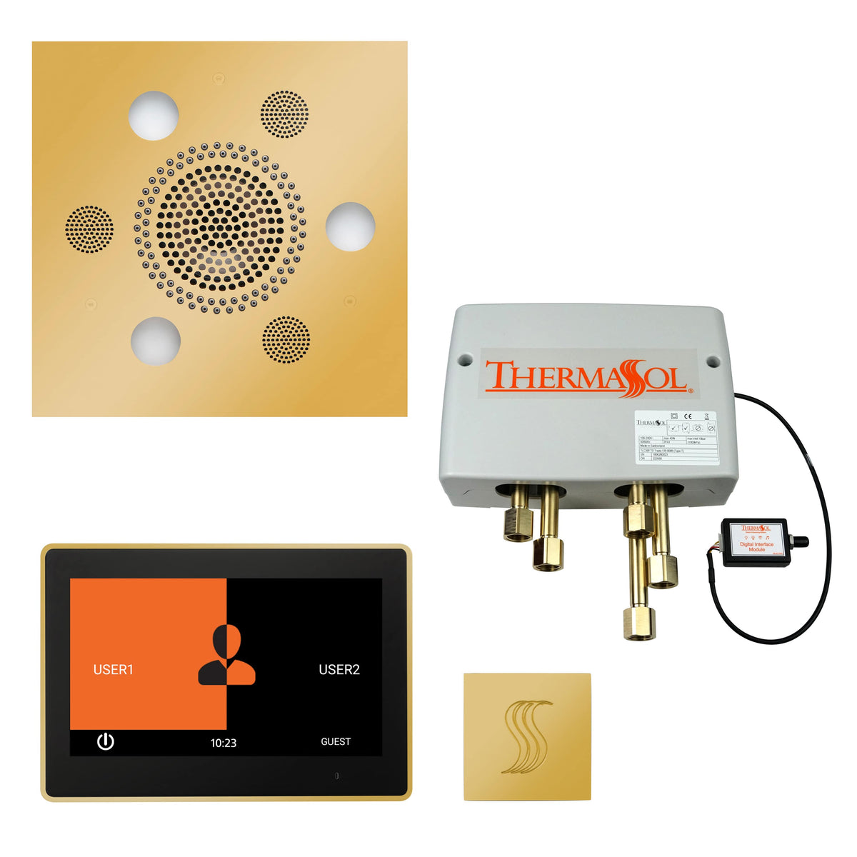 ThermaSol The Total Wellness Package with 10" ThermaTouch Trim Upgraded Square-Steam Shower Controls & Accessories-ThermaSol-Polished Gold-Nordica Sauna