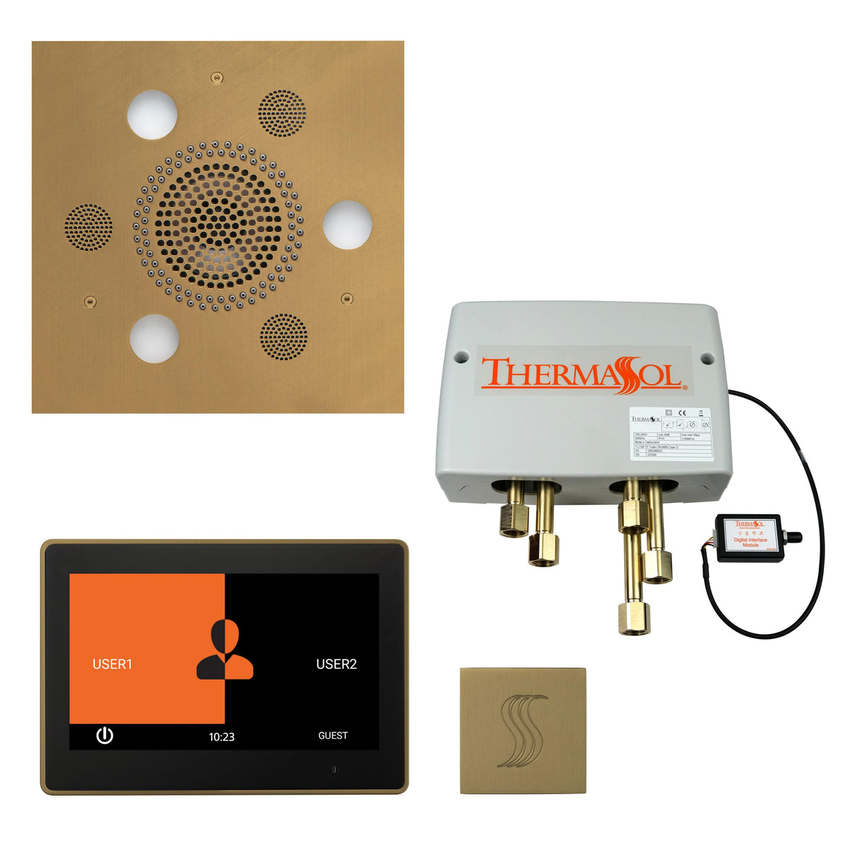 ThermaSol The Total Wellness Package with 10" ThermaTouch Trim Upgraded Square-Steam Shower Controls & Accessories-ThermaSol-Satin Brass-Nordica Sauna