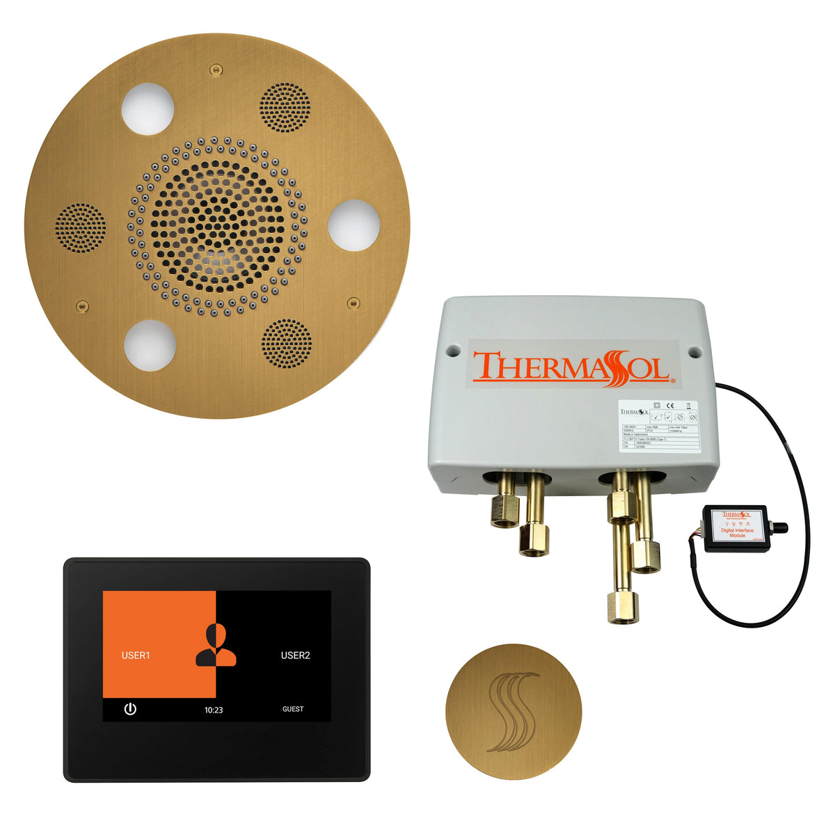ThermaSol The Total Wellness Package with 7" ThermaTouch Round-Steam Shower Controls & Accessories-ThermaSol-Antique Brass-Nordica Sauna
