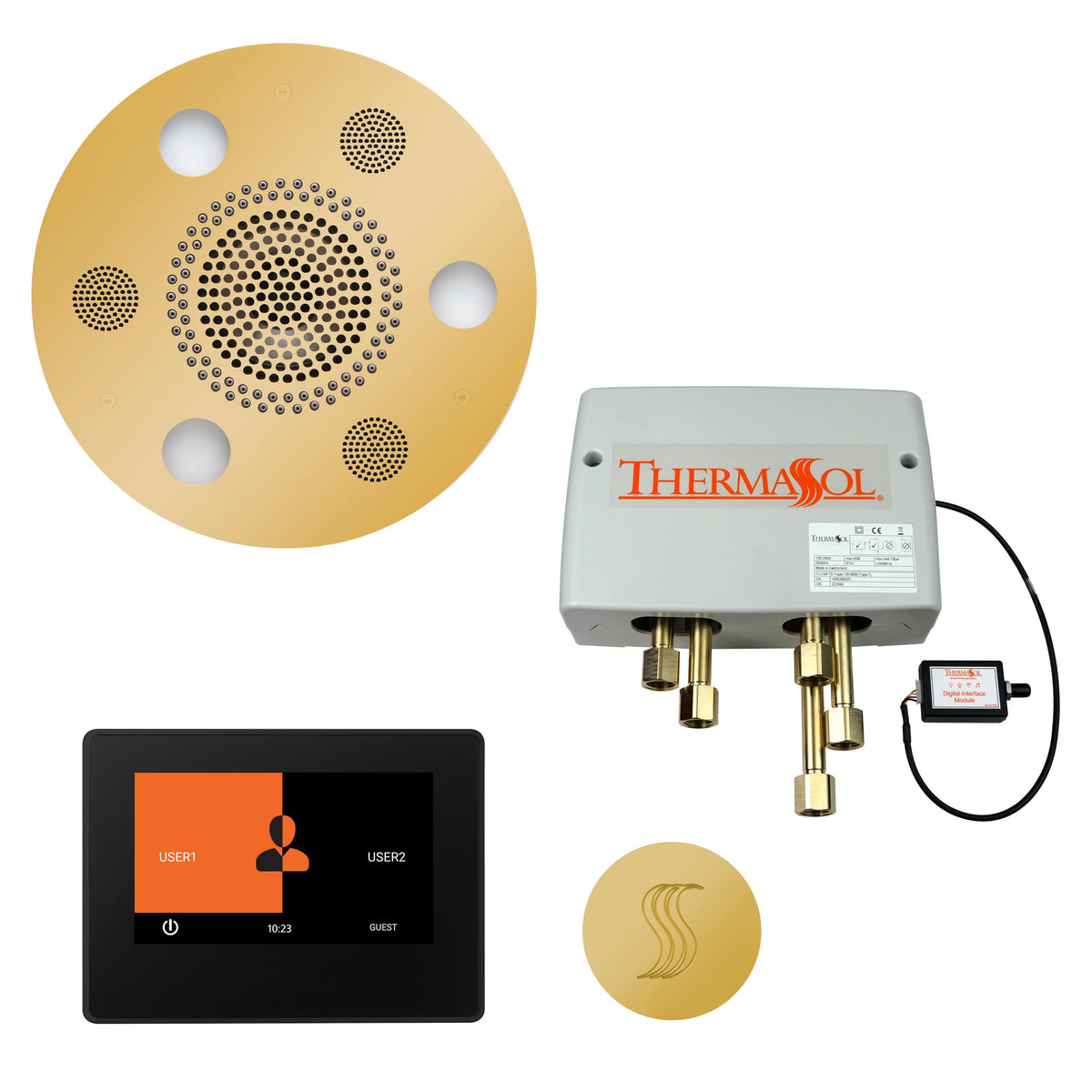 ThermaSol The Total Wellness Package with 7" ThermaTouch Round-Steam Shower Controls & Accessories-ThermaSol-Polished Gold-Nordica Sauna