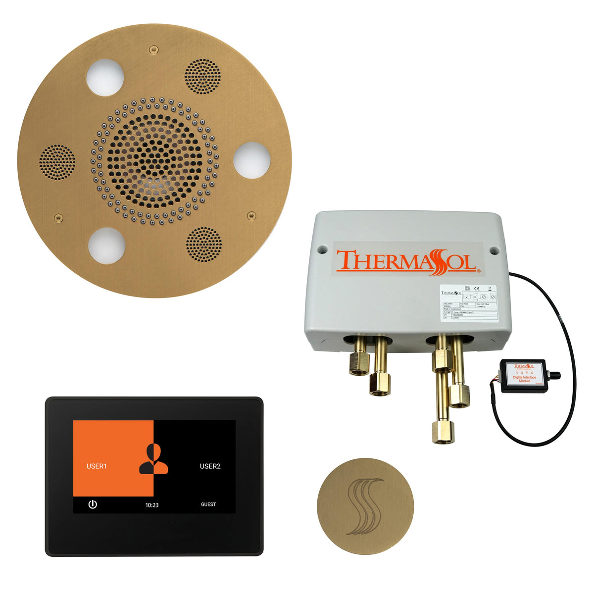 ThermaSol The Total Wellness Package with 7" ThermaTouch Round-Steam Shower Controls & Accessories-ThermaSol-Satin Brass-Nordica Sauna