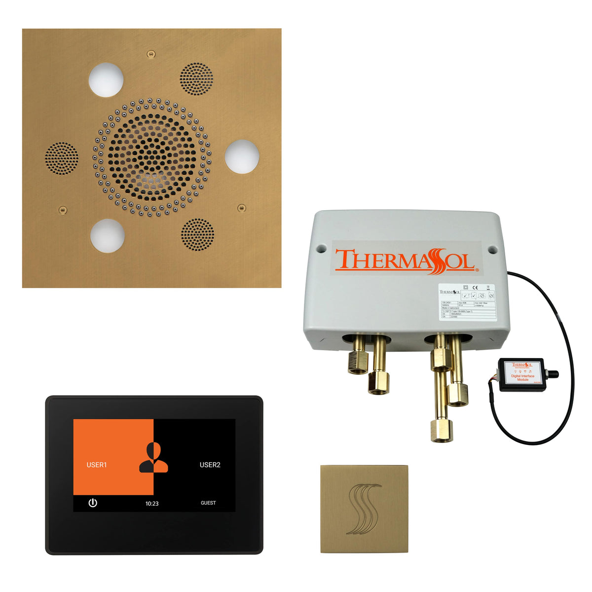 ThermaSol The Total Wellness Package with 7" ThermaTouch and Square-Steam Shower Controls & Accessories-ThermaSol-Satin Brass-Nordica Sauna